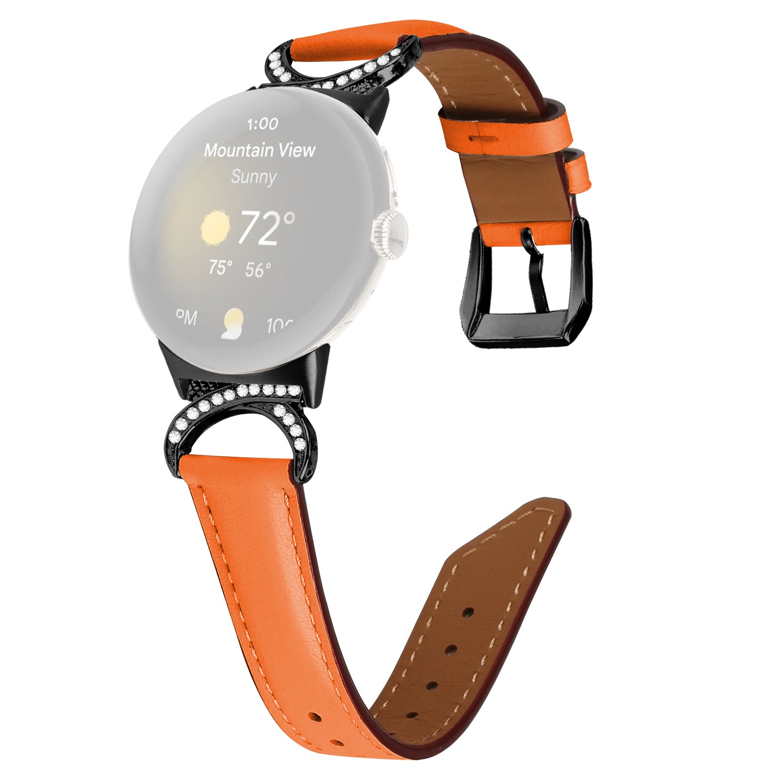For Google Pixel Watch 2 Pixel Watch Rhinestone Decor D-shape Connector Split Leather Replacement Strap with Black Buckle For Google Pixel Watch 2 Pixel Watch Rhinestone Decor D-shape Connector Split Leather Replacement Strap with Black Buckle